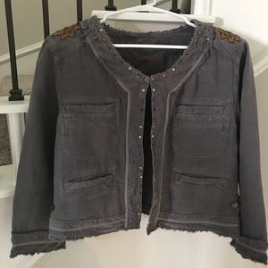 Wrap cropped linen jacket with bead embellishment